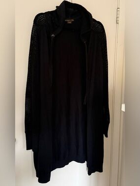 Addition Elle Black Open-Front Hooded Cardigan with Mesh Sleeves